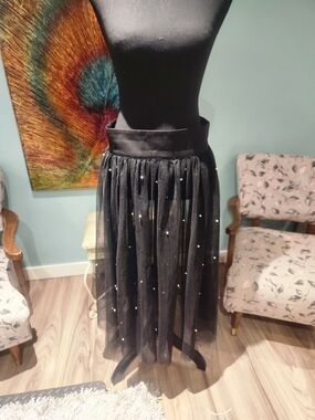 Elegant Black Tulle Midi Skirt with Pearl Accents